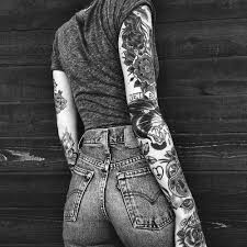 Black And White Sleeve Tattoo Women Tattoos Tatts Tattoo Black And White Sleeve Tattoo Denim Jeans Summer Style Fashion Spring Tee High Waist Tattoos Girl Tattoos Sleeve Tattoos
