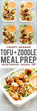 Crispy Sesame Tofu With Zucchini Noodles Veggie Meal Prep Recipe Veggie Meal Prep Vegetarian Meal Prep Lunch Meal Prep