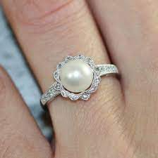 Vintage Inspired Floral Pearl Ring In 10k White Gold Pearl Etsy Pearl Engagement Ring Wedding Rings Vintage Pearl Ring