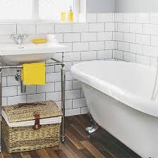 White Modern Bathroom With Metro Tiles And Freestanding Bath Ideal Home Yellow Bathroom Accessories Modern Bathroom Yellow Bathrooms
