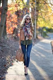 A Plaid Blanket Scarf Army Green A Light Brown Leather Jacket Fashion Fall Outfits How To Wear Scarves