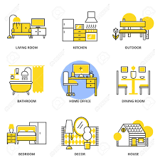 The bulky bed, the armchair, and the sofa represent modern furnishings. Furniture Vector Icons Set Living Room Kitchen Outdoor Bathroom Home Office Dining Room Bedroom Decor House Modern Line Style Royalty Free Cliparts Vectors And Stock Illustration Image 41695337