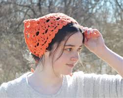 Crochet head bandana or head scarf for women, bright orange triangle  headscarf made with recycled cotton, boho or cottage core hair scarf