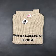 Intarsia knit cdg boy logo in black. Supreme Comme Des Garcons Shirt Tan Sweater Grailed