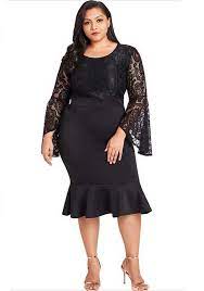 Womens Black Long Bell Sleeve Plussize Midi Dress Plain Design Round Neckline Ruffle Hem Casual A Trendy Plus Size Dresses Lace Dress Flare Sleeve Dress