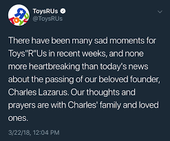 1 toy specialty chain toysrus, died yesterday, one day before his creation began liquidation sales. Charles Lazarus Who Founded Toysrus Has Died At 94 Album On Imgur