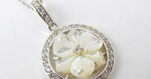 Mother Of Pearl Flower Necklace Diamond Cz Carved Hibiscus Flower Sterling Silver Pendant Necklace Sterling Silver Necklace Pendants Sterling Silver Pendants Pearl And Diamond Necklace