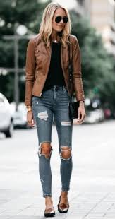 Brown Leather Jacket Fall Outfit With Ripped Jeans Leather Jacket Outfits Leather Jackets Women Best Leather Jackets