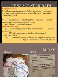 Surat pribadi berisi unsur tanggal surat, alamat surat, pembuka surat, pendahuluan, isi, dan penutup surat, serta nama pengirim surat atau juga tanda tangan. Teks Surat Pribadi
