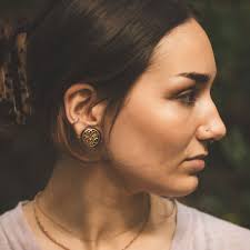 Sono Wood Double Flare Tunnel With Floral Brass Inlay