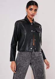 Black Mock Croc Texture Faux Leather Shirt Leather Shirt Womens Tops Missguided