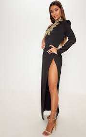 Black High Neck Asymmetric Embroidered Trim Maxi Dress Maxi Dress Dresses Nice Dresses