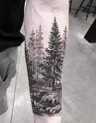 This forest tattoo is the perfect idea to call for awareness and protection of the environment. Awesome Forest Scenery For Sleeve Tattoo Black Sleeve Tattoo Forest Tattoos Nature Tattoo Sleeve