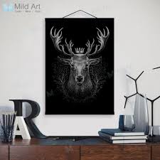 Black And White Deer Wall Art Minimalist Animals Black White Deer Wooden Framed Poster And Print Nordic Scroll Wall Art Pictures Home Decor Canvas Painting Minimalist Animal Scroll Wall Art Wall Art Pictures