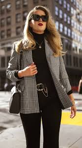 Black Blazer With Jeans Women Click For Outfit Details Grey White Checked Over Sized Blazer Black Turtleneck Sweater Black Retro C Black Turtleneck Outfit Turtleneck Outfit Fashion