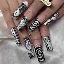 Amazon.com: 24Pcs Long Press on Nails Square Coffin Fake Nails Punk Cartoon  Anime Design Black White Full Cover French Tip False Nails Gloss Glue on  Nails with Design Acrylic Nails for Women