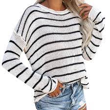 Well fitted, beautiful dress, but the black and white striped sweater dress did not come with belt as shown in the picture. Buy Women Black And White Striped Sweater Tsmile Knitted Long Sleeve Crew Neck Blouse Autumn Hollow Out Pullover Tops At Amazon In