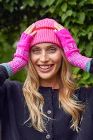 Aspiga Ladies Sustainable Lambswool Love Hope Fingerless Gloves Pink Purple