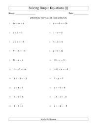 The Solving Simple Linear Equations With Unknown Values Between 9 And 9 And Variables On The Algebra Worksheets Solving Linear Equations Algebraic Expressions