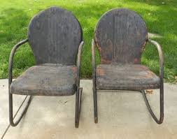 Lot Of 2 Vintage Matching 1950s Metal Clamshell Patio Outdoor Chairs Black Ebay Outdoor Chairs Metal Lawn Chairs Lawn Chairs