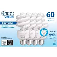 Great Value Light Bulb 14 60w Equivalent Spiral Cfl Daylight 4 Pack Light Bulb Bulb Compact Fluorescent Bulbs