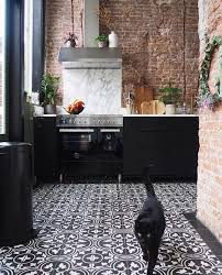 Black Kitchen Cupboards I Brick Wall I Black And White Tiles Brick Tiles Kitchen White Kitchen Floor Brick Wall Kitchen
