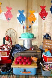 Having a fishing themed birthday party for your child. William S Gone Fishing Birthday Party Kara S Party Ideas Fishing Birthday Party Boys Fishing Birthday Party Fishing Party Decorations