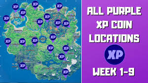 Battle pass missions, themed missions, and mystery missions. All 18 Purple Xp Coins Locations In Fortnite Week 1 9 Purple Power Punch Card Youtube