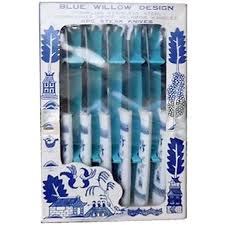 Enter the room on the left after starting the day. 6 Piece Blue Willow Design Steak Knives Set Sparkling Stainless Steel Dishwasher Proof Melamine Handles Blue Willow Sil Blue Willow Willow Pattern Willow