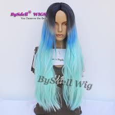 Three Tone Ombre Color Wig Synthetic Dark Grey Root Ombre Blue Pastel Color Natural Straight Hair Wig Middle Part Anime Cosplay Scalp Wigs Beshe Wigs