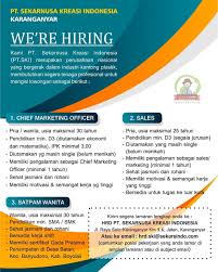 Lowongan kerja pt.wahyu agung sebagai staf admin wanita menguasai m.office lulusan sma/smk single batas umur 25th, bisa membawa kendaraan umum. Lokersolo Lowongan Kerja Pt Sekarnusa Kreasi Indonesia Facebook