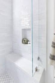White Glazed Brick Shower Wall Tiles In A Cottage Bathroom Mixed With White And Gray Moroccan Style Floor Tiles In 2020 Shower Wall Tile Walk In Shower Small Bathroom