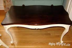 This painted desk is looking like new with a neutral gray chalk paint and dark stain. Old Thrift Store Coffee Table Transformed With Chalk Paint Polyshades Artsy Chicks Rule