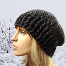 Men's Winter Beanie in Dark Grey and Green Crochet