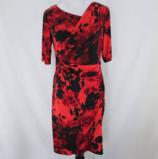 Dressbarn Dress Sz 8 Red Black Floral Short Sleeve Stretch Polyester Sheath Dressbarn Sheath Red Fall Dress Barn Dresses Fashion Dresses