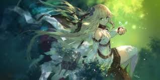 She's part of the her long blonde hair paired with ribbons, along with her light blue eyes and small fangs capture my attention with ease. Green Anime Girl Wallpaper