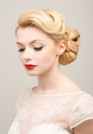 Bridal Hair And Makeup Vintage Style Updo Red Lip Natural Makeup Vintage Wedding Hair Retro Wedding Hair Bridal Hair And Makeup