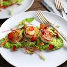 Seared Scallops With Chili Lime Butter Pea Puree And Crispy Pancetta Recipe Scallops Seared Food Pancetta