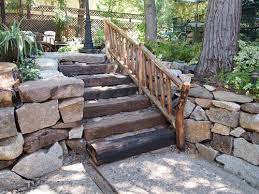 Stone Steps On The Hill With Wood Handrail Outdoor Design Outdoor Handrail Garden Railings Garden Steps