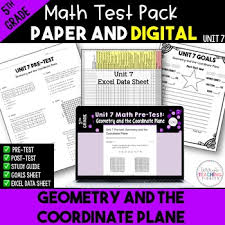1) n − 3 3 = 3 7 a) {4.28} b) {9} c) {5} d) {−4.949} 2) 8 4 = b b − 1 a) {−7.8} b) {2} Geometry Coordinate Plane Math Test Bundle Paper Digital 5th Grade Unit 7