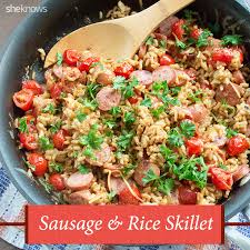 cheesy sausage and rice skillet for a