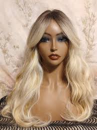 Ombre Blonde 24 inch Wig with Bangs Long Wavy Layered
