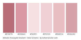 Metallic rose gold color scheme the metallic rose gold color scheme palette has 4 colors which are puce (#cd8e97), pale chestnut (#e3aeb1), rose gold (#b76b79) and deep puce (#a85d6e). Metallic Rosegold Gradient Color Scheme Dull Schemecolor Com