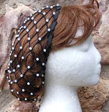 Black Hair Snood Beaded With Pearl Beads Hair 1 2 Inches Below Shoulders Hair Snood Renaissance Hairstyles Snood