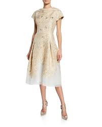 Rickie Freeman For Teri Jon Metallic Jacquard Drop Band Short Sleeve Cocktail Dress