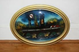 Beautiful coloring of the landscape of the painting captivates. Antique Reverse Painting Oval Concave Glass With Frame Castle Bridge Ebay