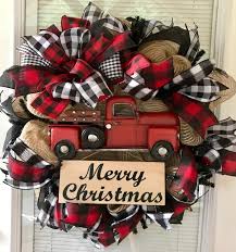 Black And White Checkered Christmas Decorations Christmas Wreath Red Truck Wreath Red Truck Farmhouse Christmas Wreath Buffalo Plaid Wreath Winter Wreath Buffalo Plaid Farmhouse Christmas Wreaths Christmas Wreaths Diy Christmas Red Truck