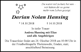 Traueranzeigen von Darian Nolan Hansing