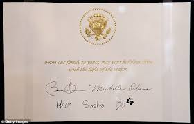 In 2014, the obamas used an illustrated christmas card with drawings of their dogs, bo and sunny, in the white house. Sarah Palin Says Obama S Holiday Card Inconsistent With American Christmas Values Of Family Faith And Freedom Daily Mail Online