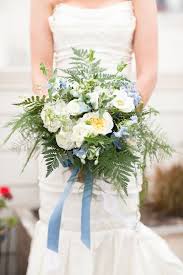 Mauve and greenery wedding bouquet. Blue And White Hydrangea And Fern Bouquet